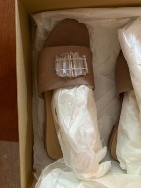 Brown Crystal-Embellished Slide Sandals - Women